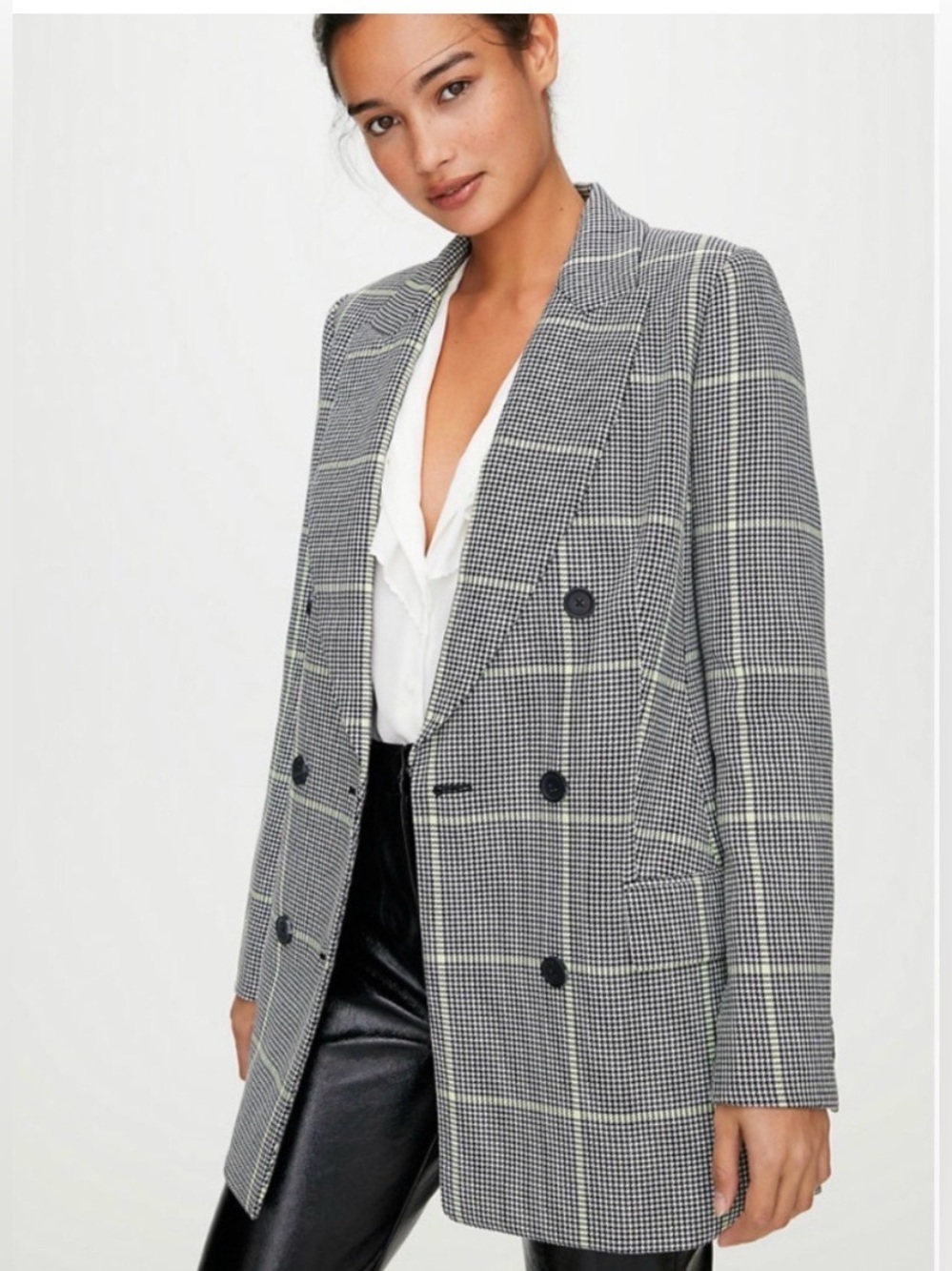 Aritzia Wilfred Margaux Houndstooth Checked Double-Breasted Long Blazer